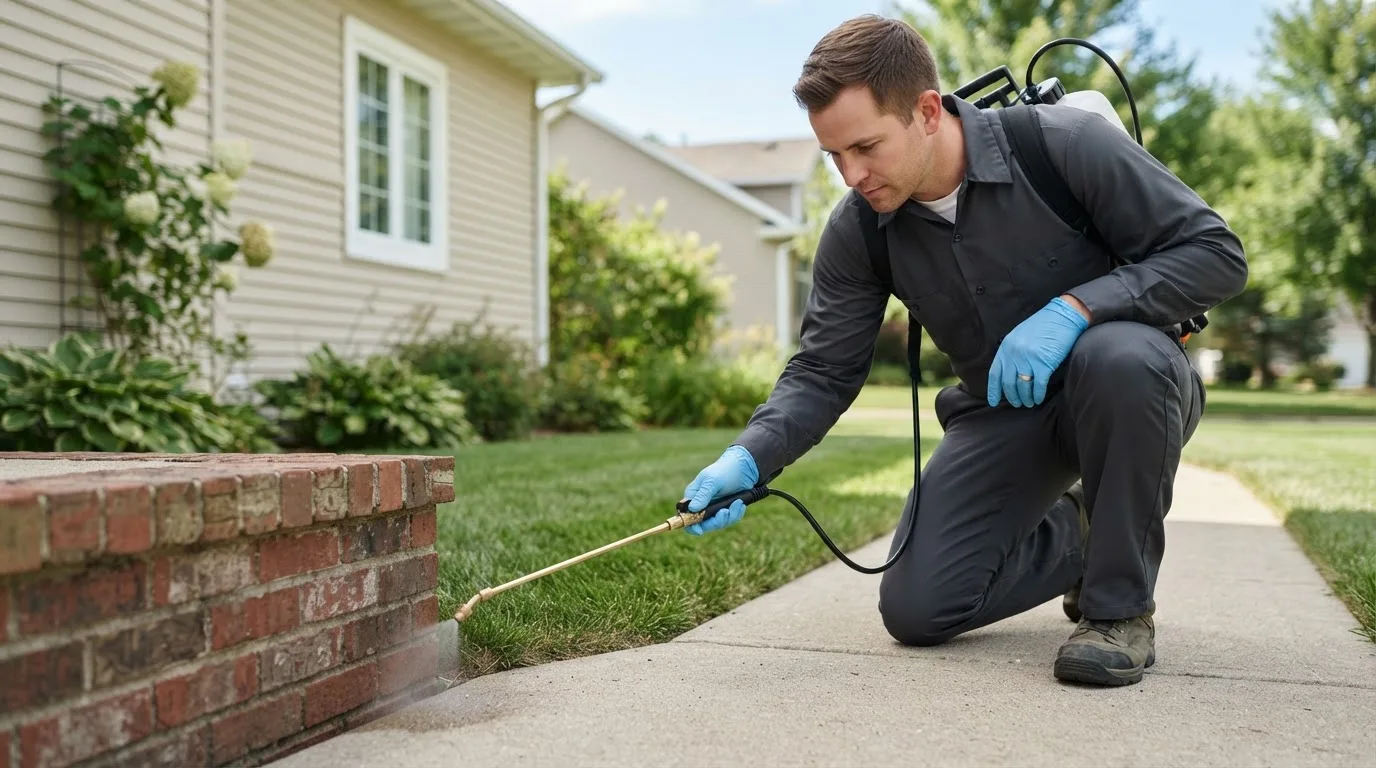 Pest control technician treating a home near Flat Rock, OH