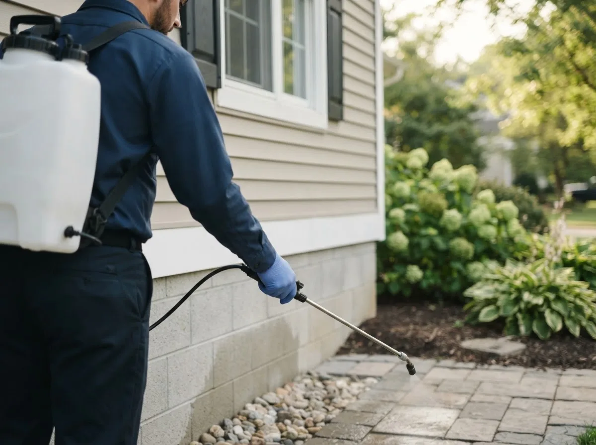 Pest control technician inspecting a home in Flat Rock, OH